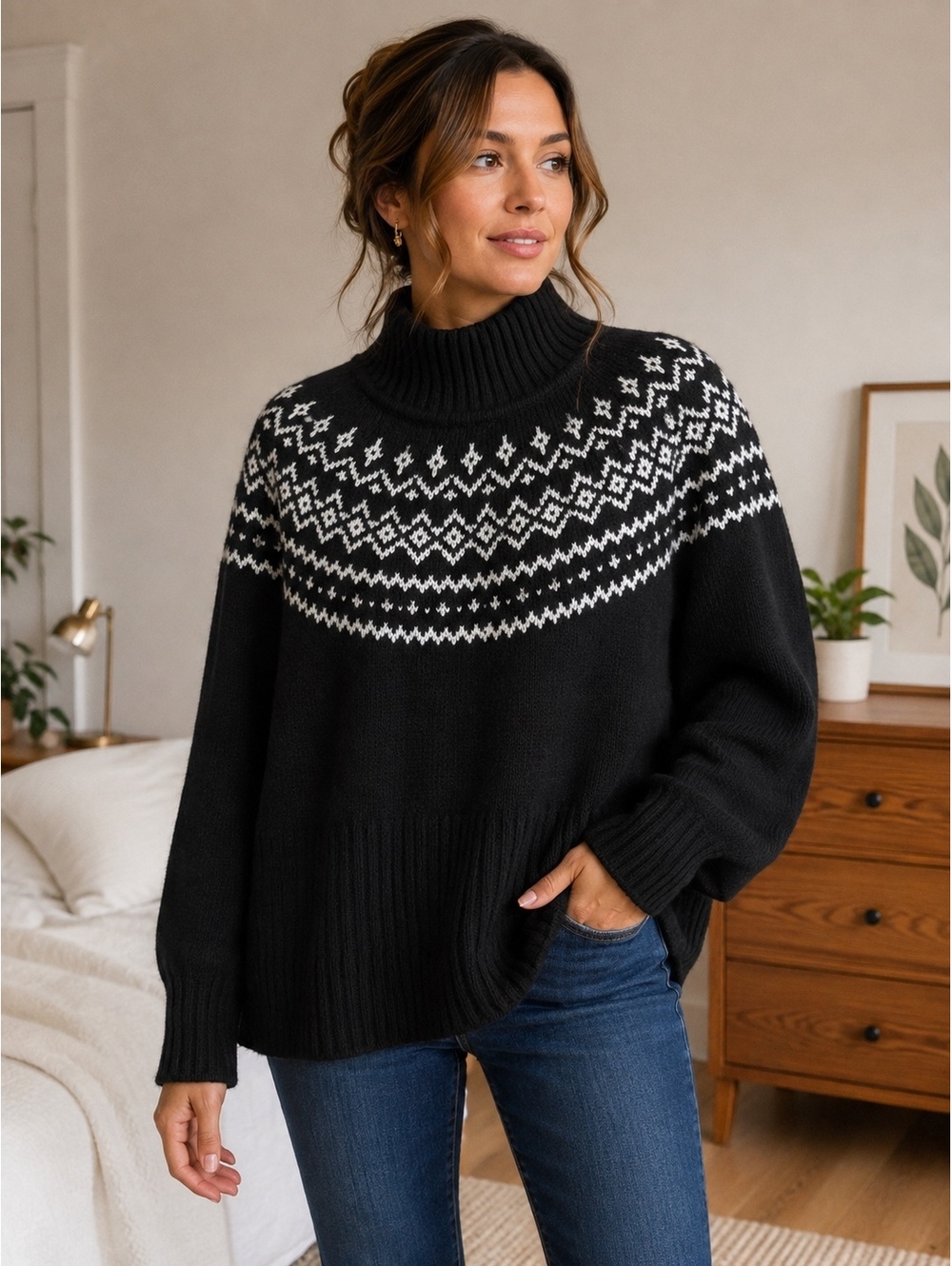 Barbour Black Fair Isle Turtleneck Sweater Women’s US 8 EU 40 Wool Blend Nordic
